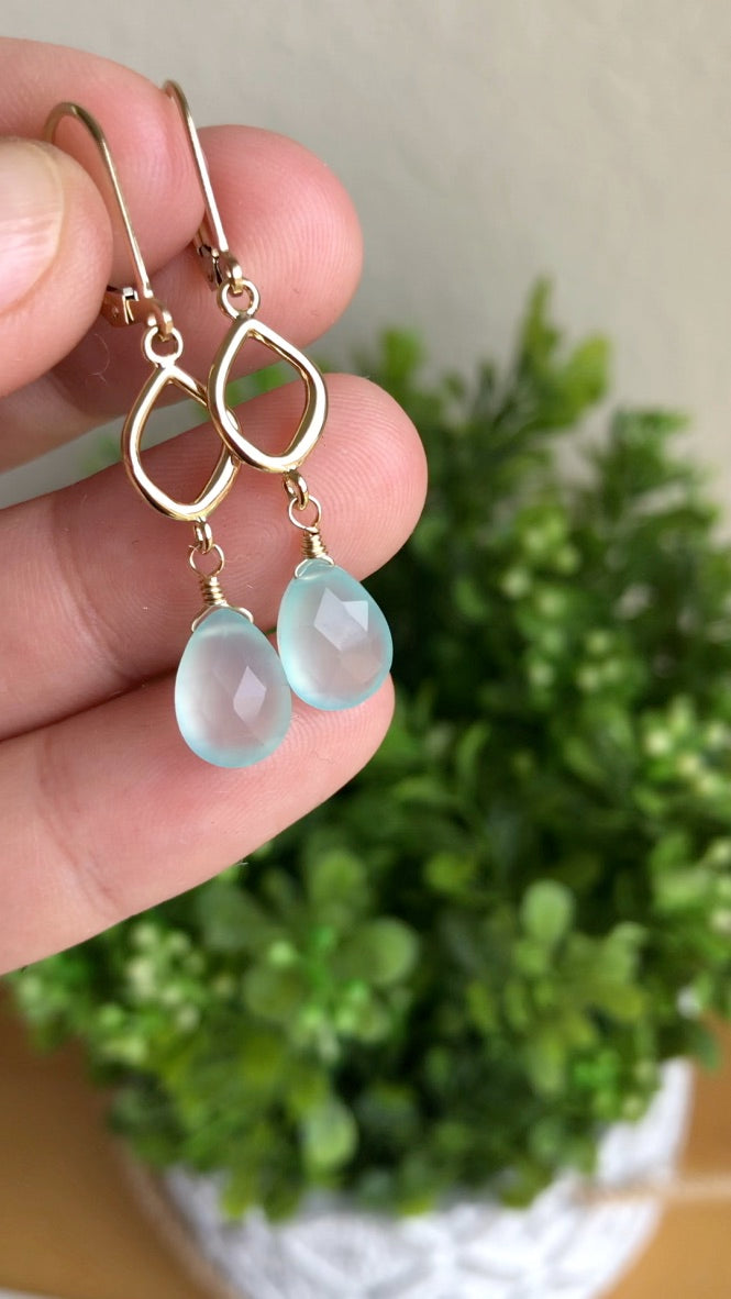 Aqua Chalcedony Teardrop Dangle Earrings