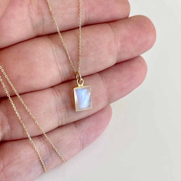 Rainbow Moonstone Necklace, June Birthstone, Tiny Rectangle Baguette Pendant in Solid 14k Gold, Anniversary or Birthday gift for her