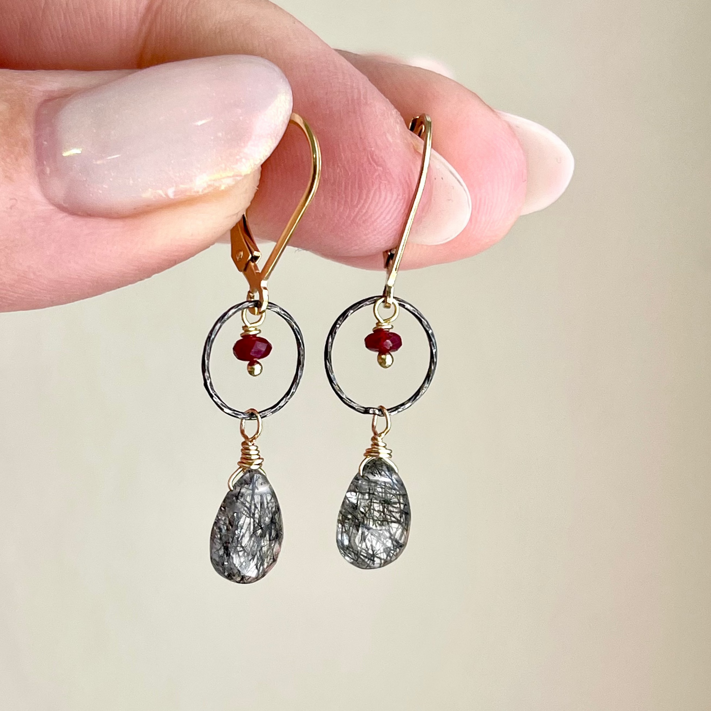 Rutilated Quartz and Ruby Earrings