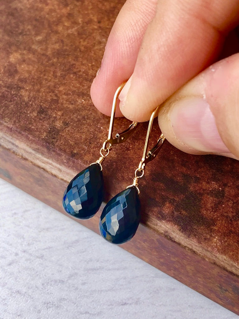 Black Onyx Teardrop Earrings- Solid 14k Gold