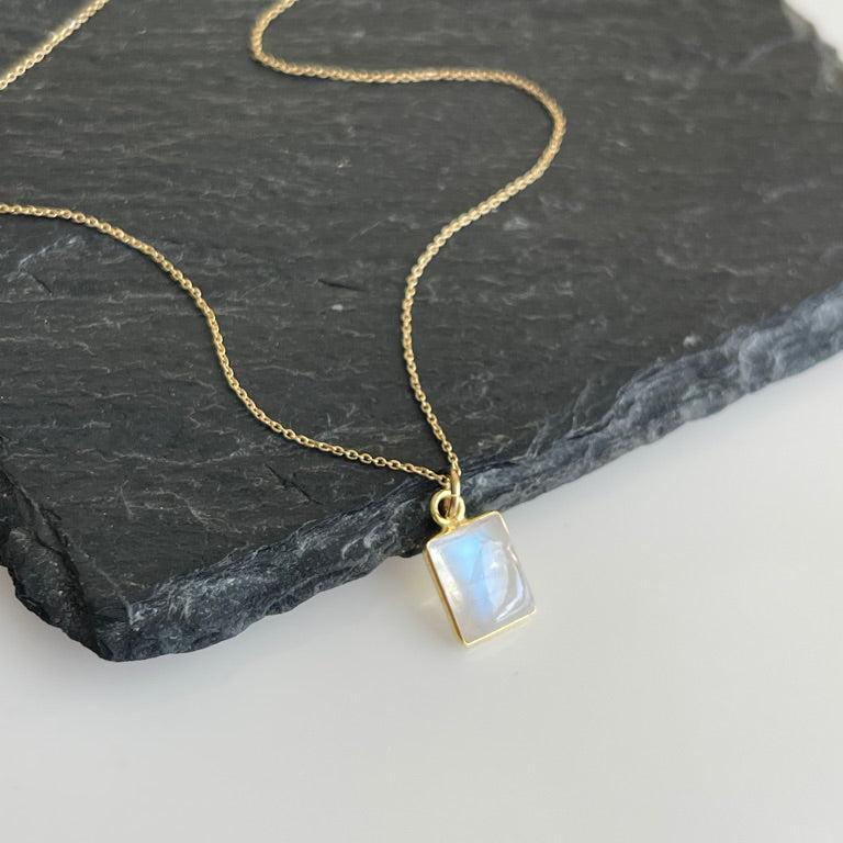 Rainbow Moonstone Necklace, June Birthstone, Tiny Rectangle Baguette Pendant in Solid 14k Gold, Anniversary or Birthday gift for her