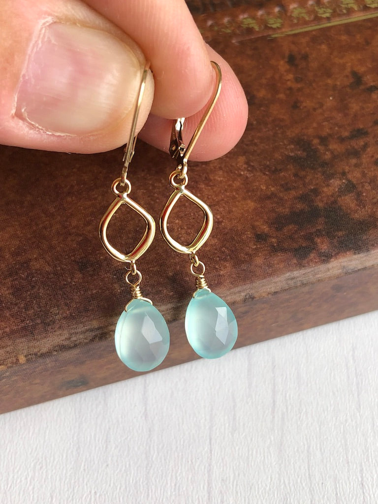 Aqua Chalcedony Teardrop Dangle Earrings