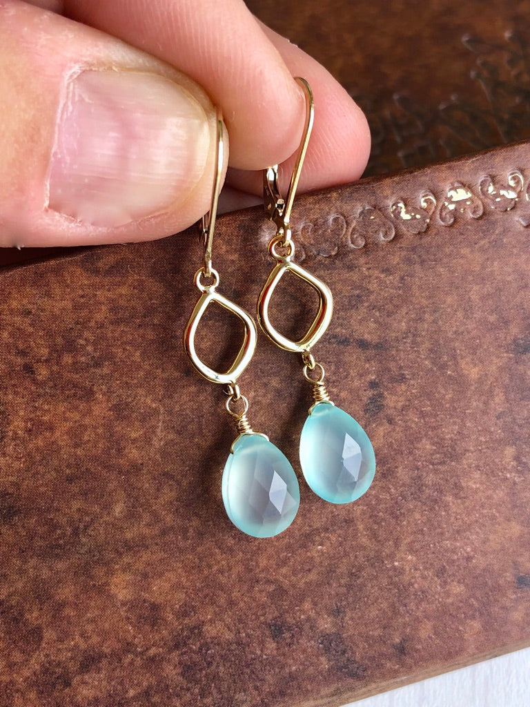 Aqua Chalcedony Teardrop Dangle Earrings