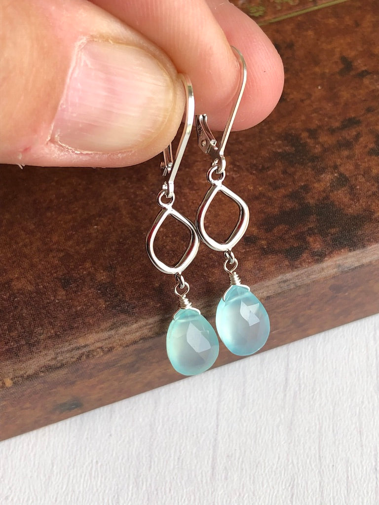 Aqua Chalcedony Teardrop Dangle Earrings