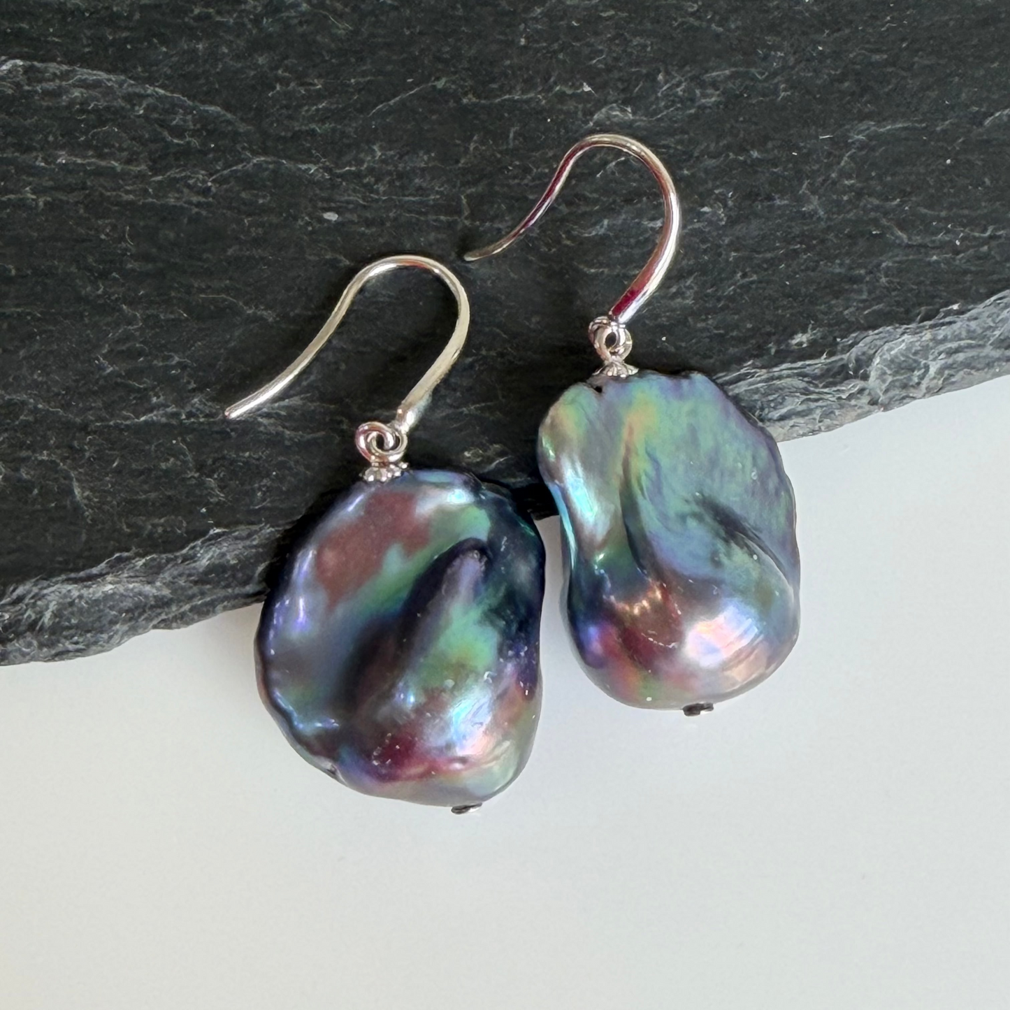 Baroque Peacock Flame ball Pearl Drop Earrings in Sterling Silver