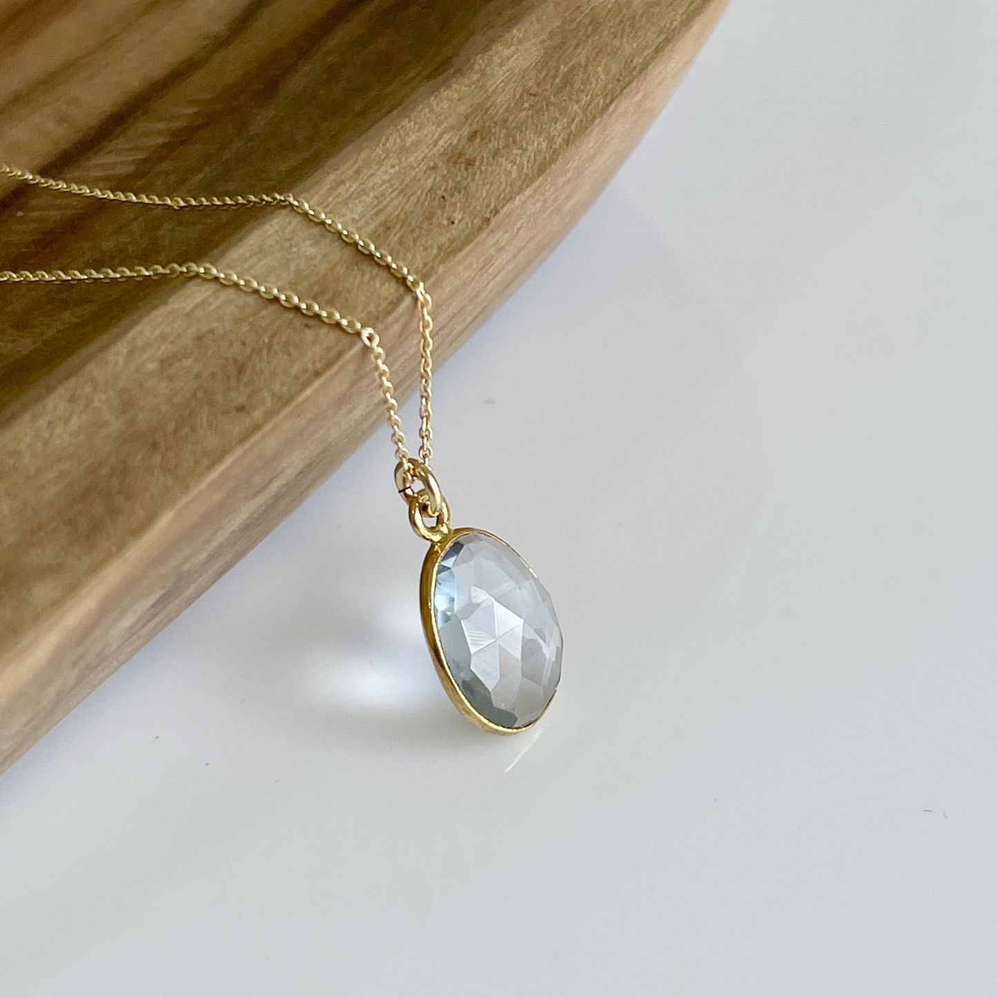 Aquamarine Oval Bezeled Necklace- March Birthstone Solid 14K Gold