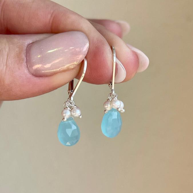 Aqua Chalcedony and Pearl Earrings, Blue and White Minimalist Earrings in Gold or Silver, Summer Teardrop Earrings with Pearls, Gift for her