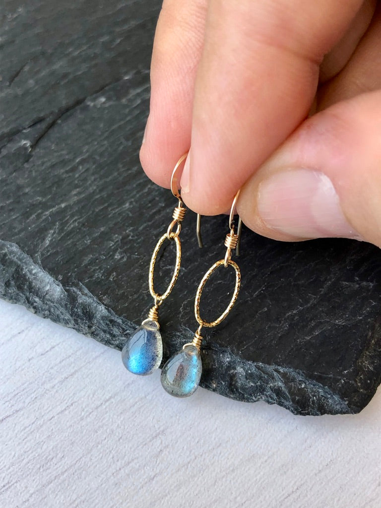 Labradorite Teardrop Oval Link Earrings