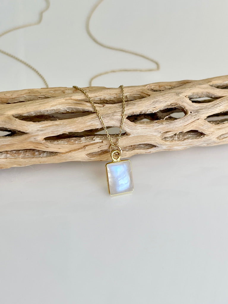 Rainbow Moonstone Necklace, June Birthstone, Tiny Rectangle Baguette Pendant in Solid 14k Gold, Anniversary or Birthday gift for her