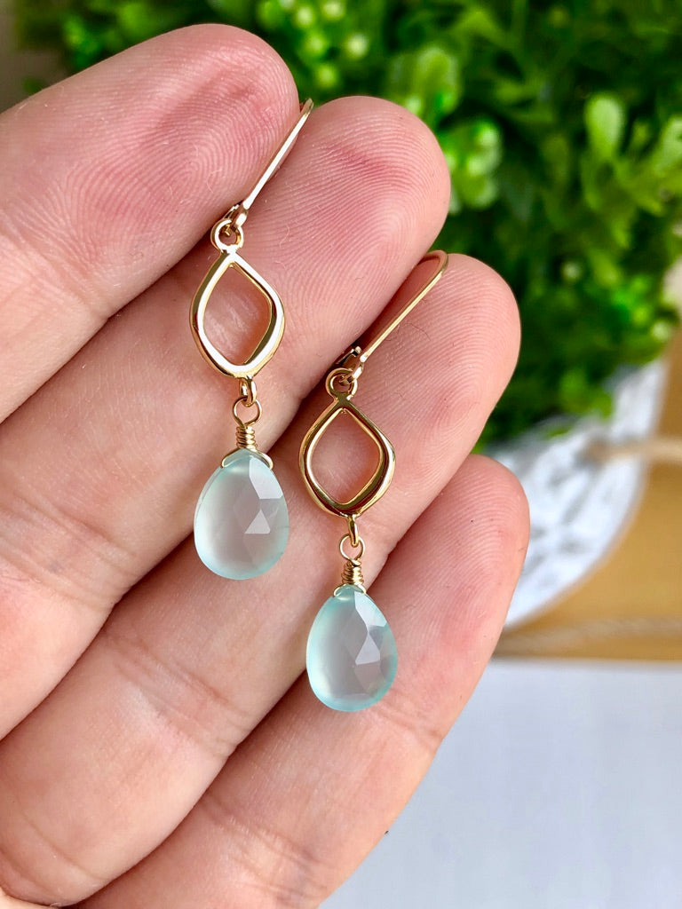 Aqua Chalcedony Teardrop Dangle Earrings