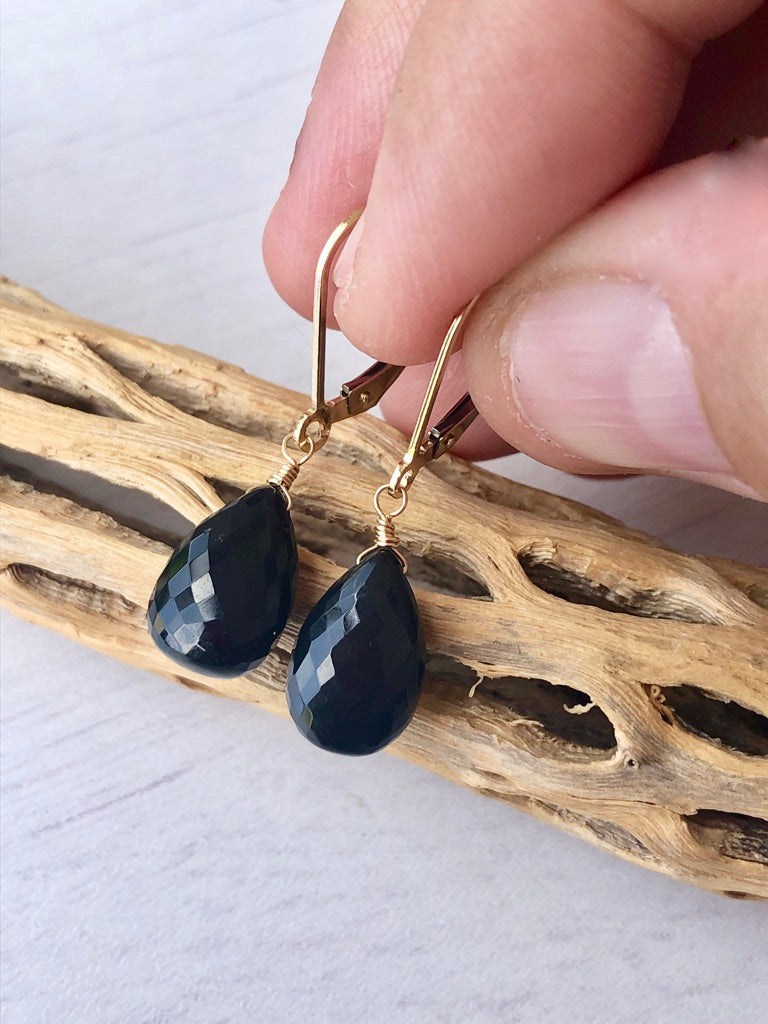 Black Onyx Teardrop Earrings- Solid 14k Gold
