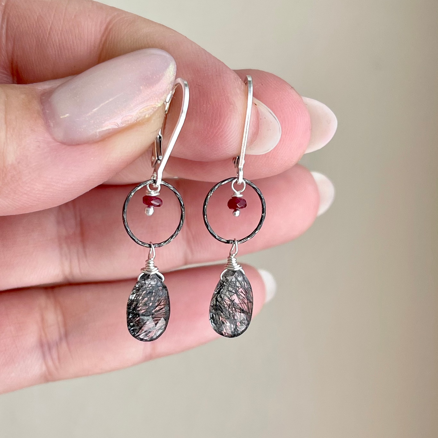 Rutilated Quartz and Ruby Earrings