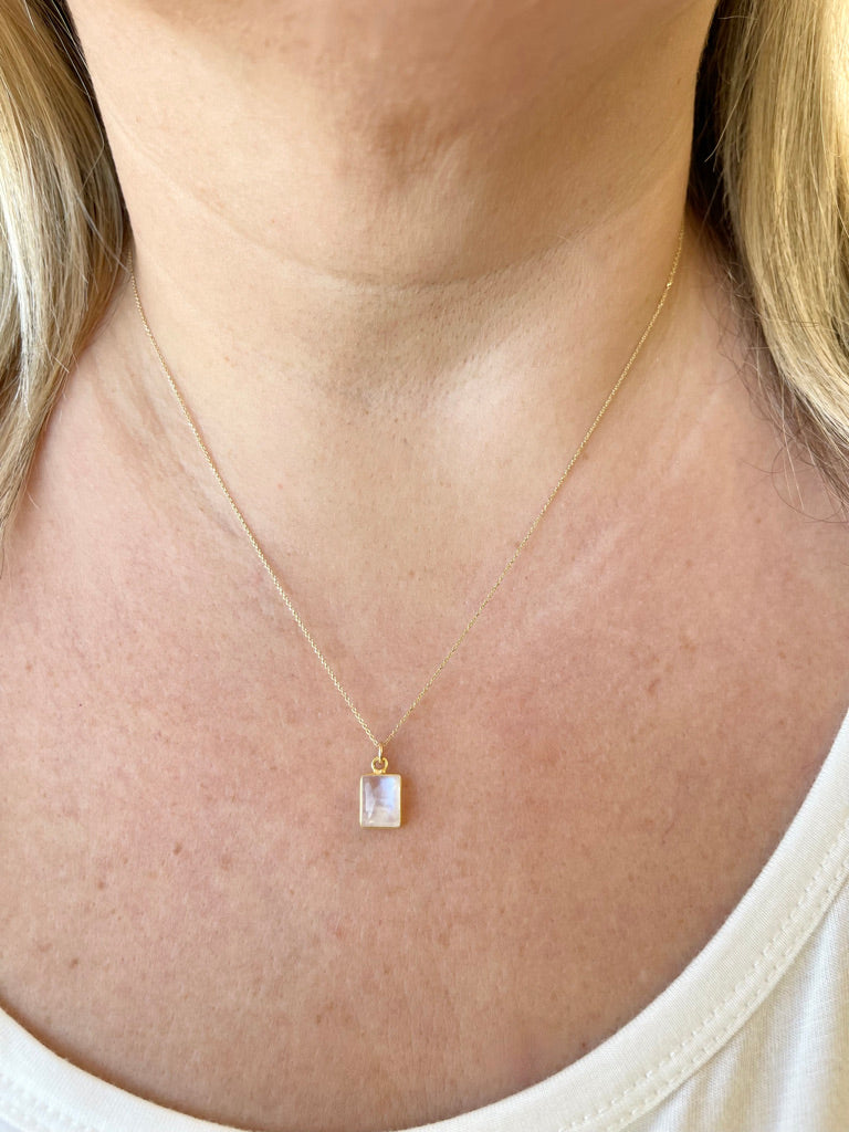 Rainbow Moonstone Necklace, June Birthstone, Tiny Rectangle Baguette Pendant in Solid 14k Gold, Anniversary or Birthday gift for her