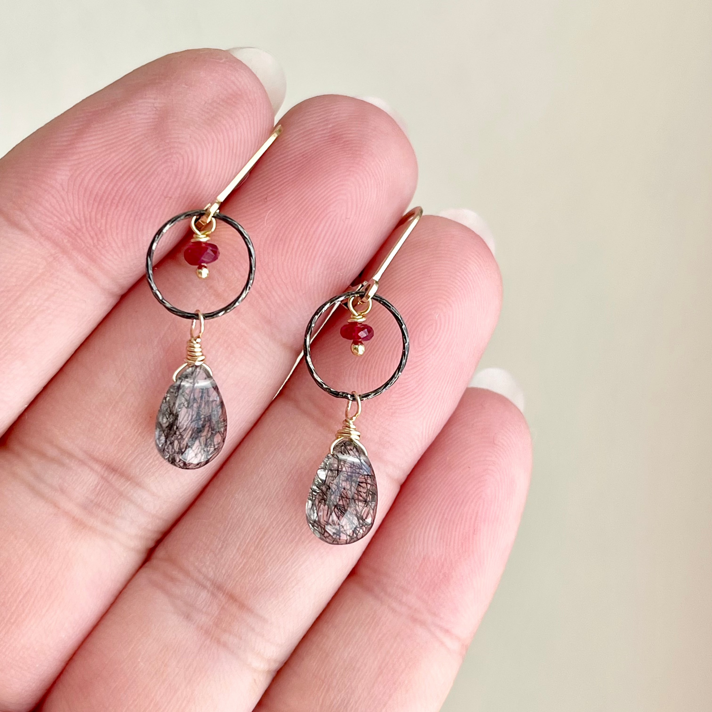 Rutilated Quartz and Ruby Earrings