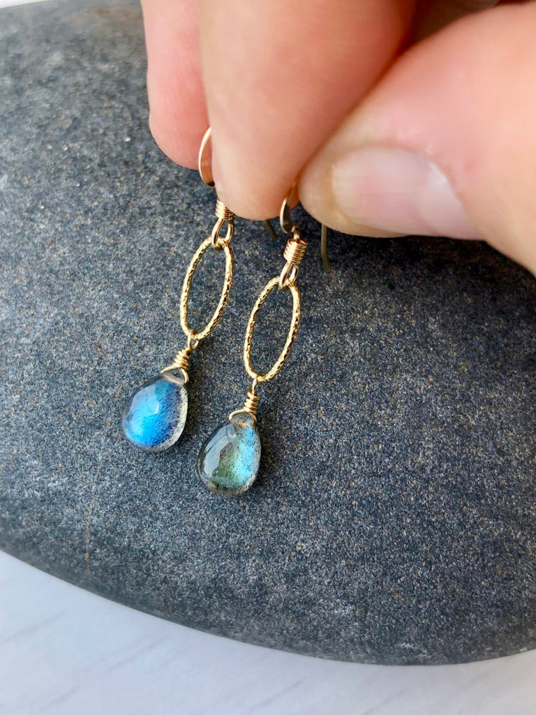 Labradorite Teardrop Oval Link Earrings