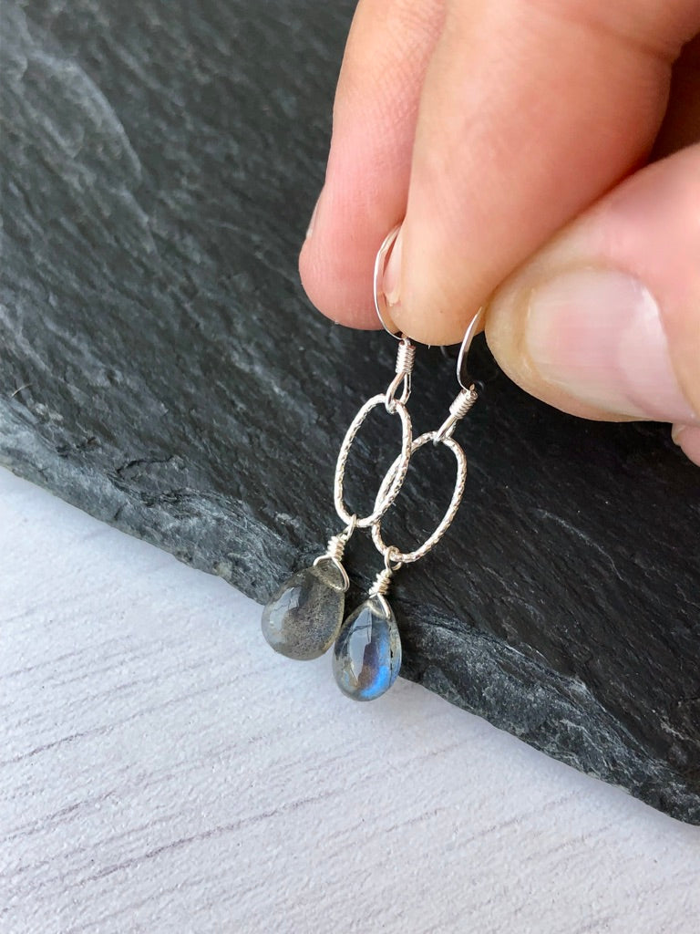 Labradorite Teardrop Oval Link Earrings
