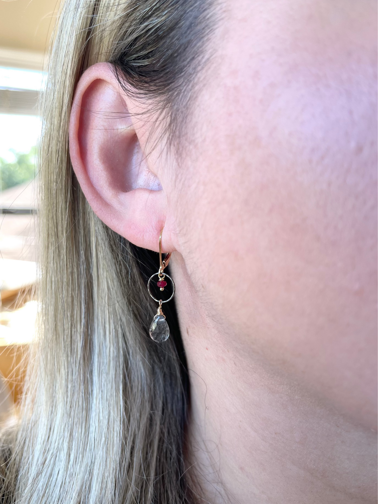 Rutilated Quartz and Ruby Earrings