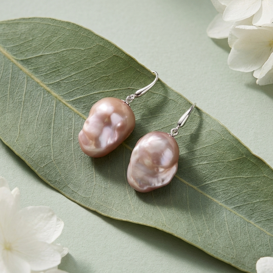 Baroque Peach Pink Pearl Drop Earrings in Sterling Silver