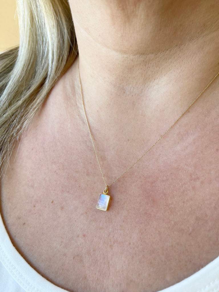 Rainbow Moonstone Necklace, June Birthstone, Tiny Rectangle Baguette Pendant in Solid 14k Gold, Anniversary or Birthday gift for her