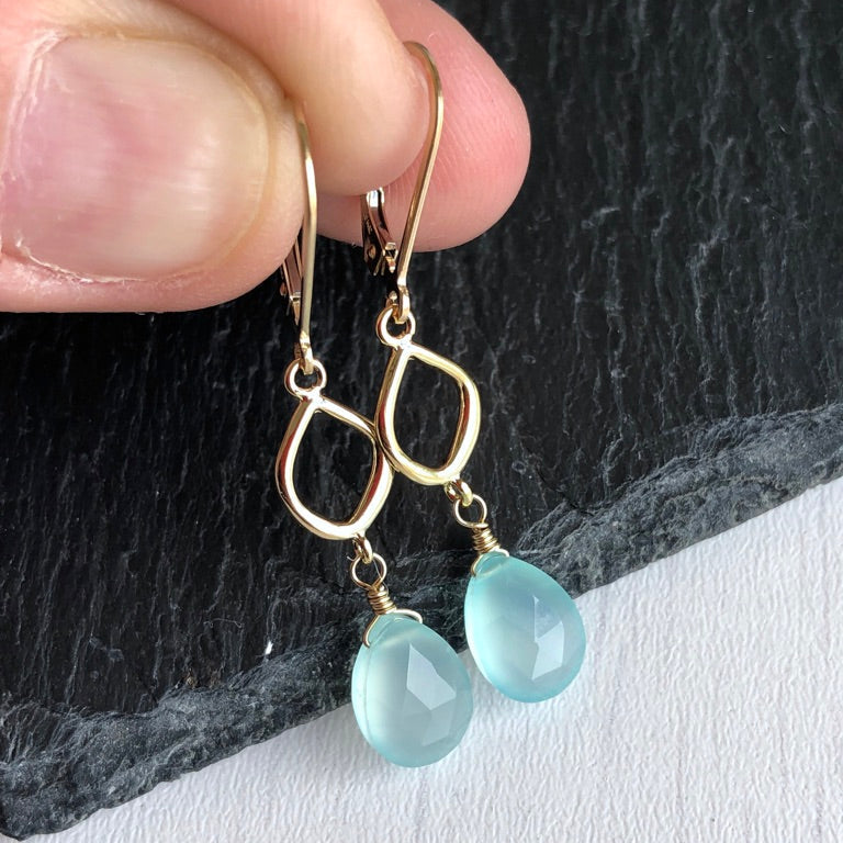 Aqua Chalcedony Teardrop Dangle Earrings