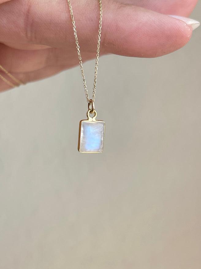 Rainbow Moonstone Necklace, June Birthstone, Tiny Rectangle Baguette Pendant in Solid 14k Gold, Anniversary or Birthday gift for her