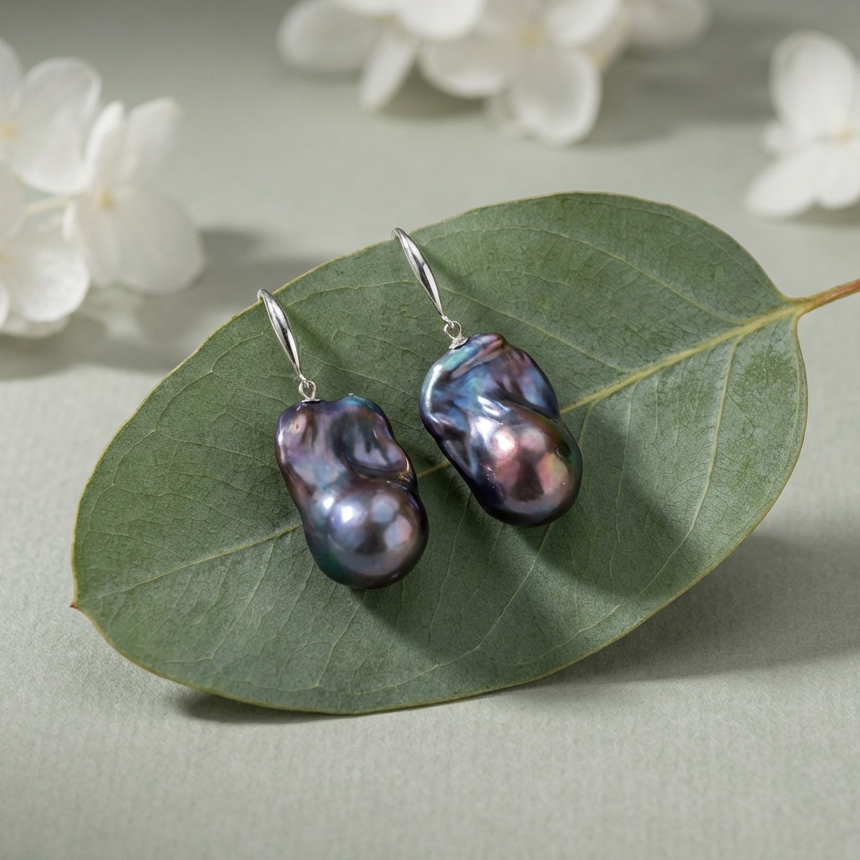 Baroque Peacock Flame ball Pearl Drop Earrings in Sterling Silver