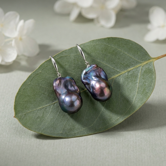 Baroque Peacock Flame ball Pearl Drop Earrings in Sterling Silver