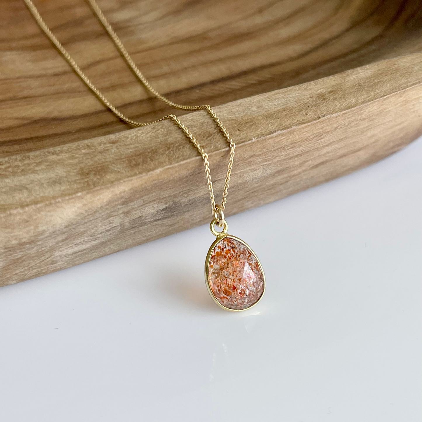 Orange Sunstone Oval Necklace- Solid 14K Gold