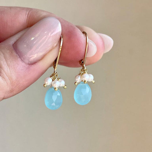 Aqua Chalcedony and Pearl Earrings, Blue and White Minimalist Earrings in Gold or Silver, Summer Teardrop Earrings with Pearls, Gift for her