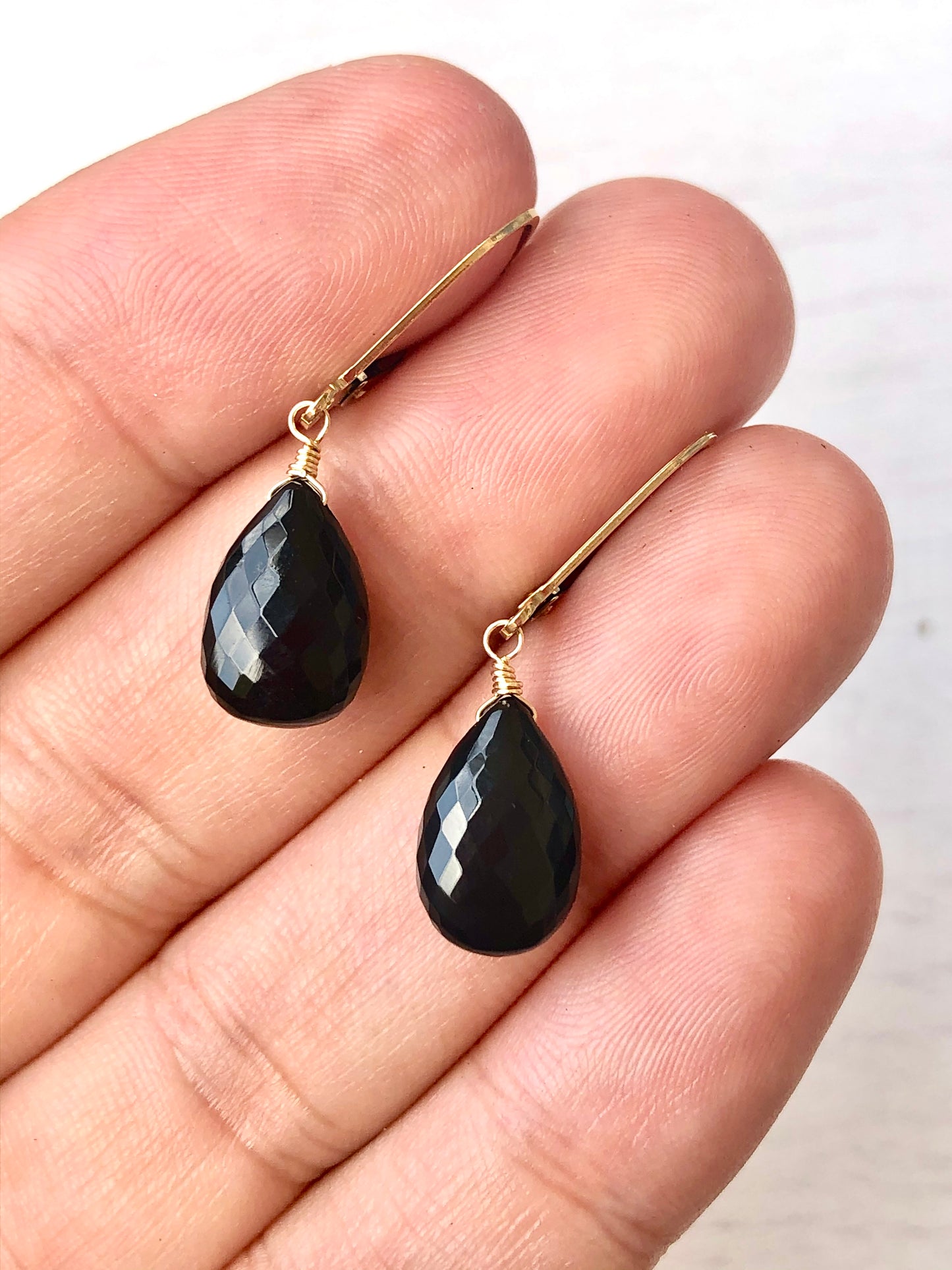 Black Onyx Teardrop Earrings- Solid 14k Gold