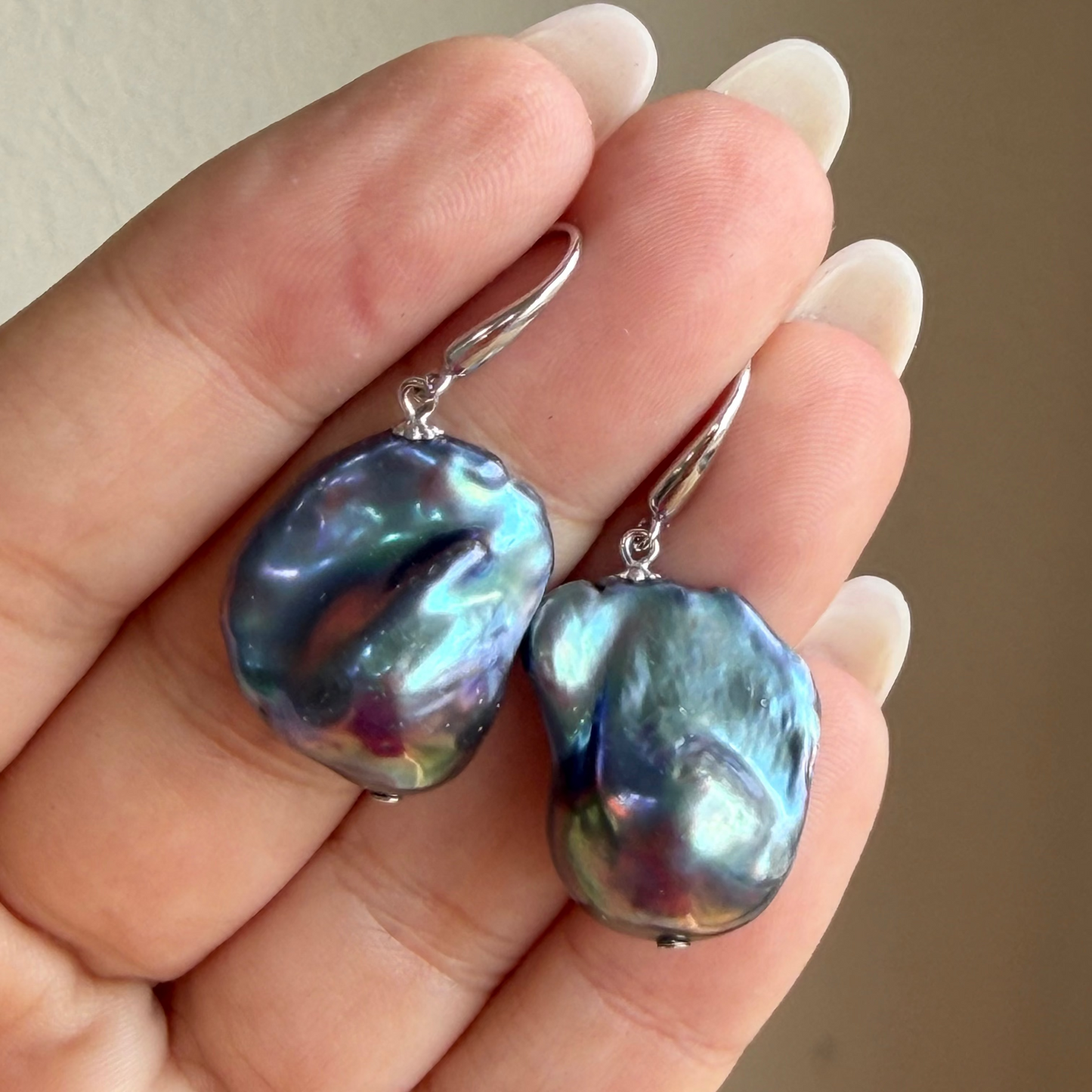 Baroque Peacock Flame ball Pearl Drop Earrings in Sterling Silver