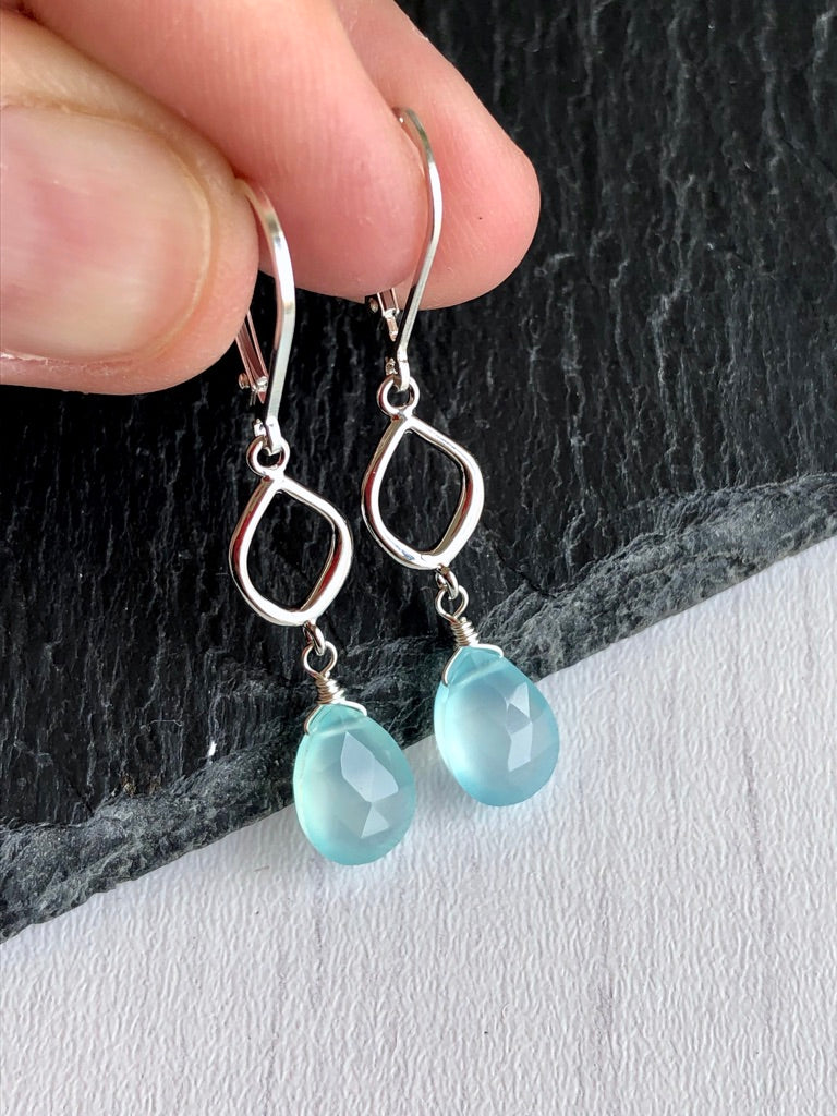Aqua Chalcedony Teardrop Dangle Earrings