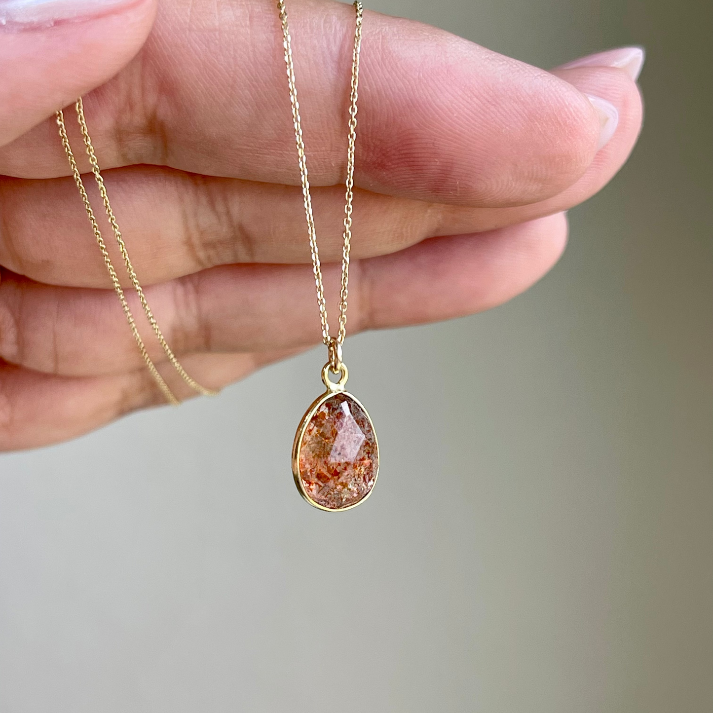 Orange Sunstone Oval Necklace- Solid 14K Gold