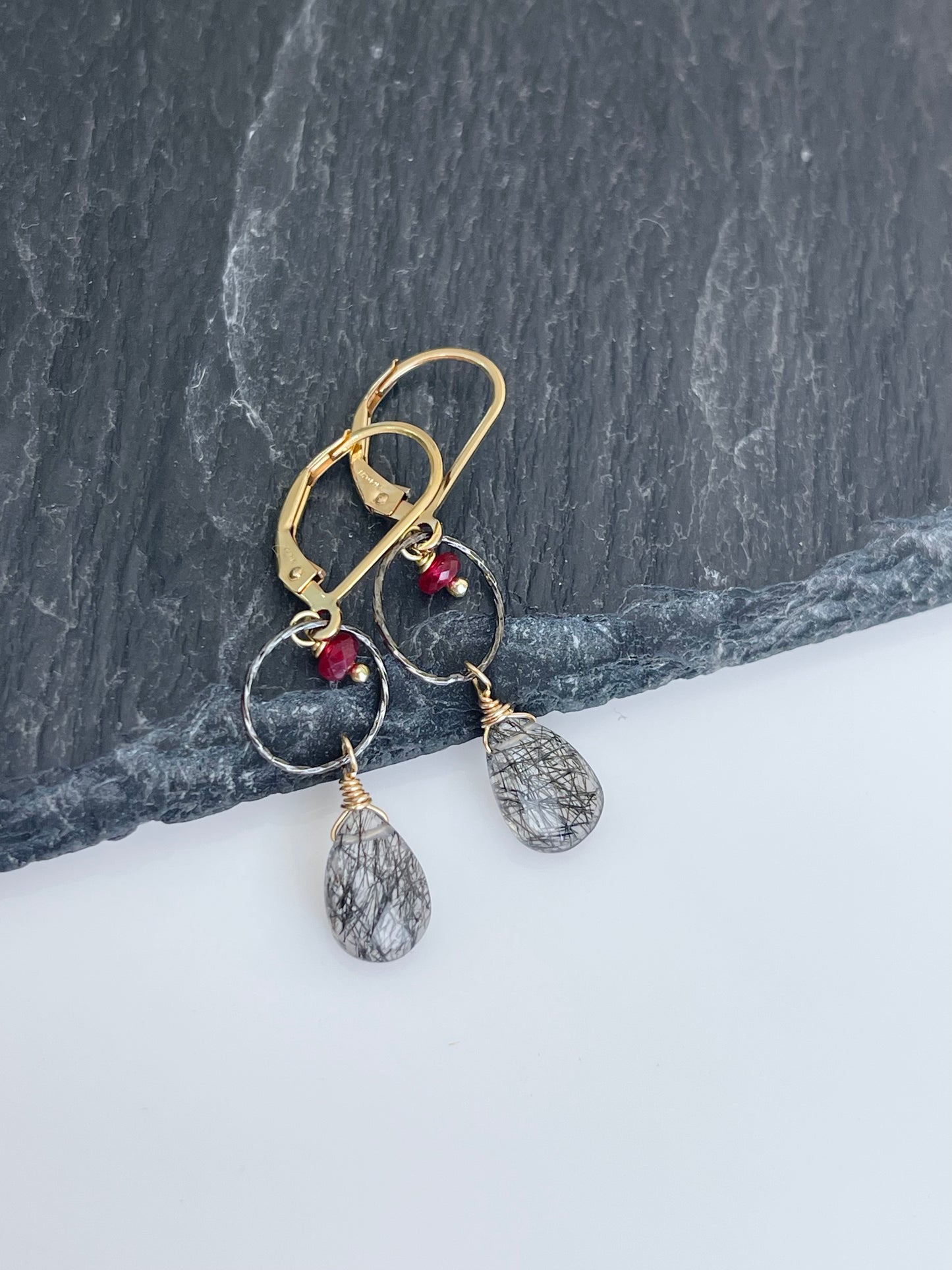 Rutilated Quartz and Ruby Earrings