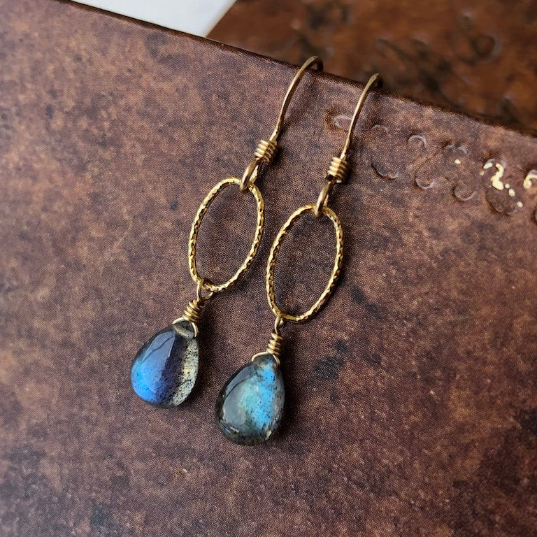 Labradorite Teardrop Oval Link Earrings