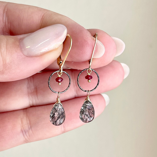 Rutilated Quartz and Ruby Earrings