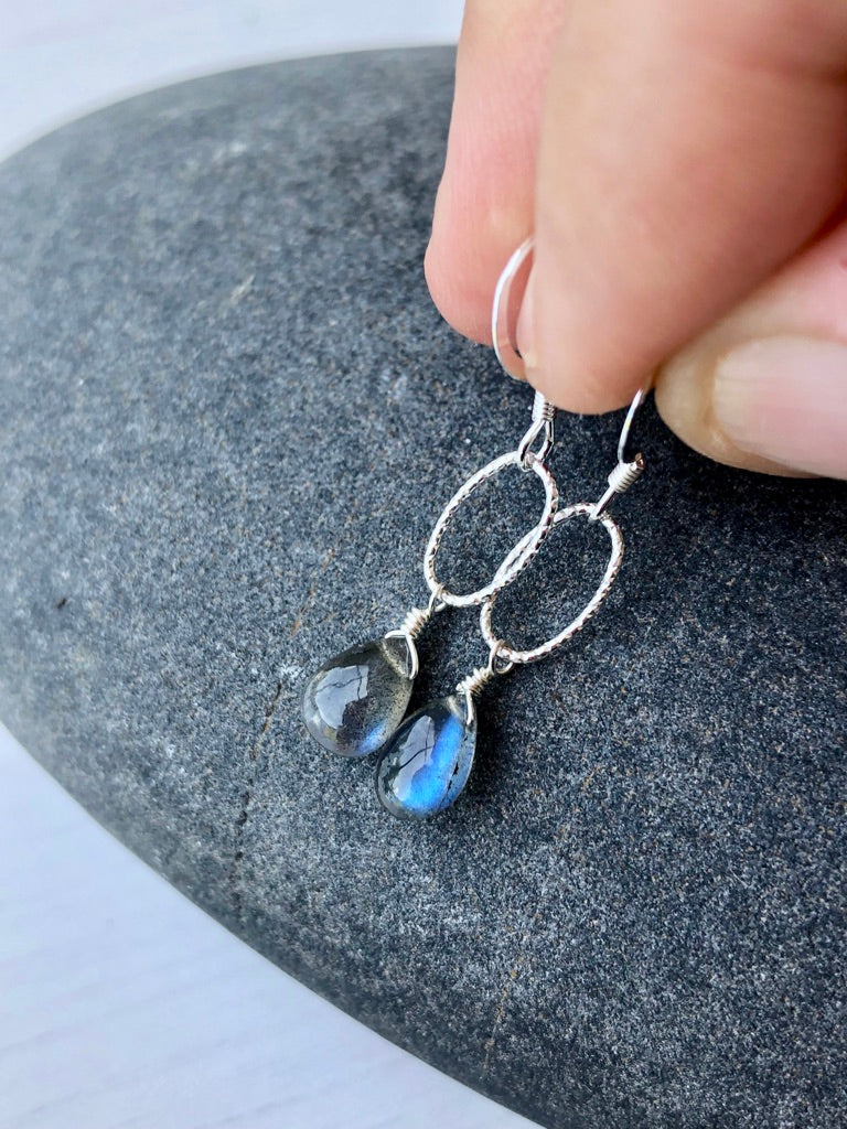 Labradorite Teardrop Oval Link Earrings