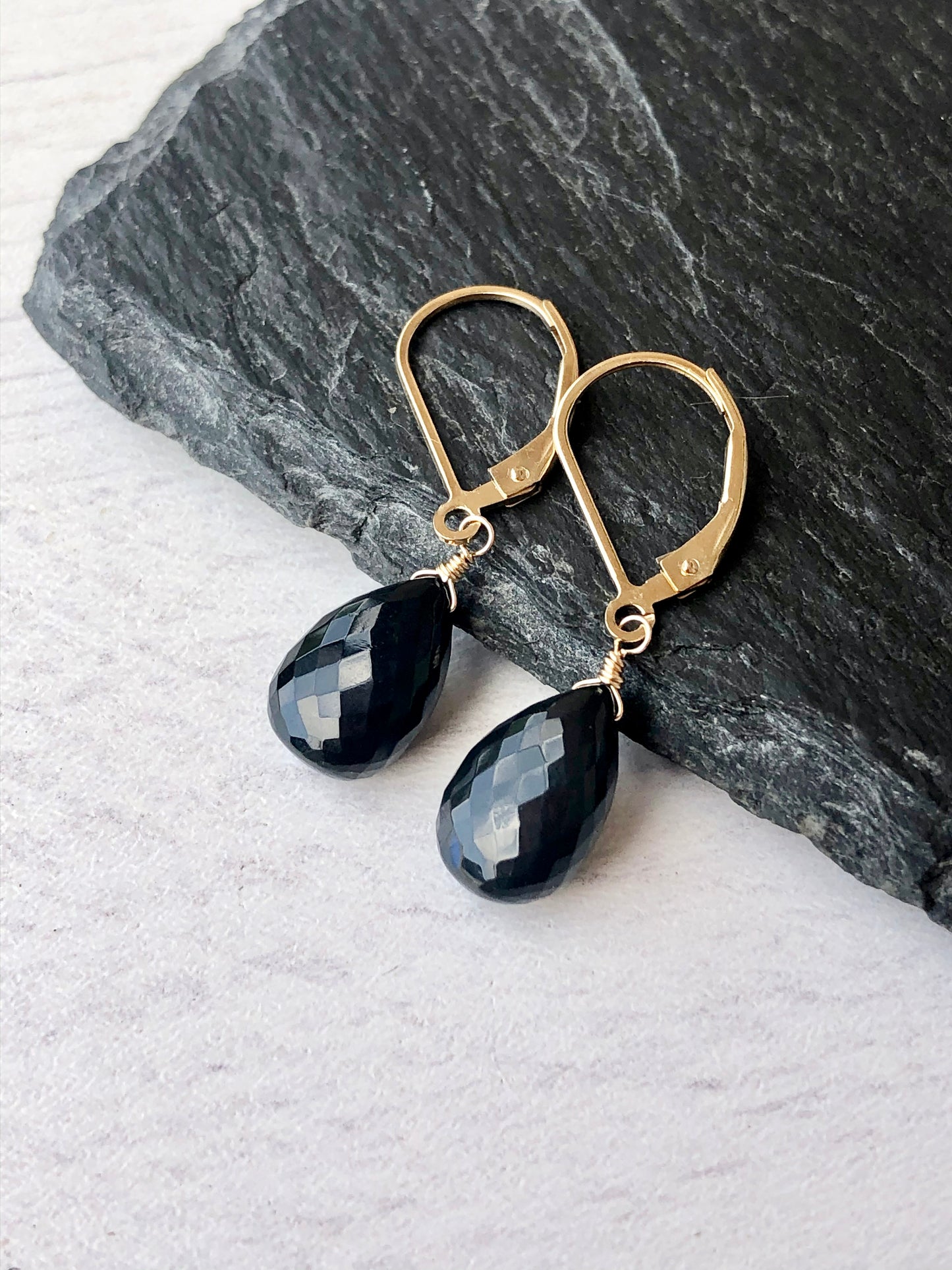 Black Onyx Teardrop Earrings- Solid 14k Gold