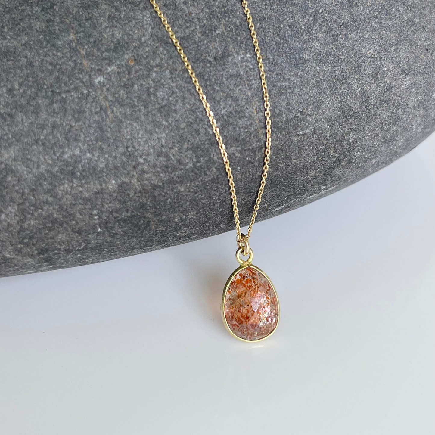 Orange Sunstone Oval Necklace- Solid 14K Gold
