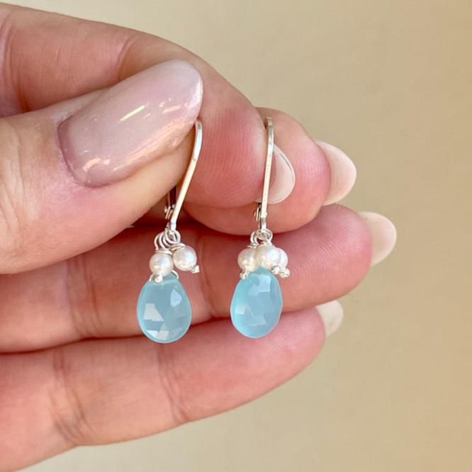 Aqua Chalcedony and Pearl Earrings, Blue and White Minimalist Earrings in Gold or Silver, Summer Teardrop Earrings with Pearls, Gift for her