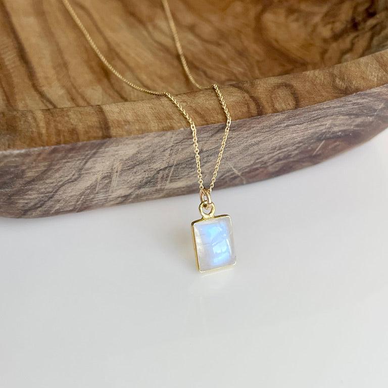 Rainbow Moonstone Necklace, June Birthstone, Tiny Rectangle Baguette Pendant in Solid 14k Gold, Anniversary or Birthday gift for her