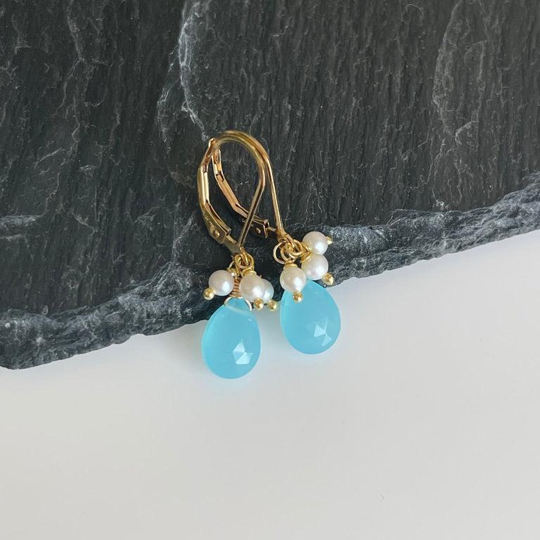 Aqua Chalcedony and Pearl Earrings, Blue and White Minimalist Earrings in Gold or Silver, Summer Teardrop Earrings with Pearls, Gift for her