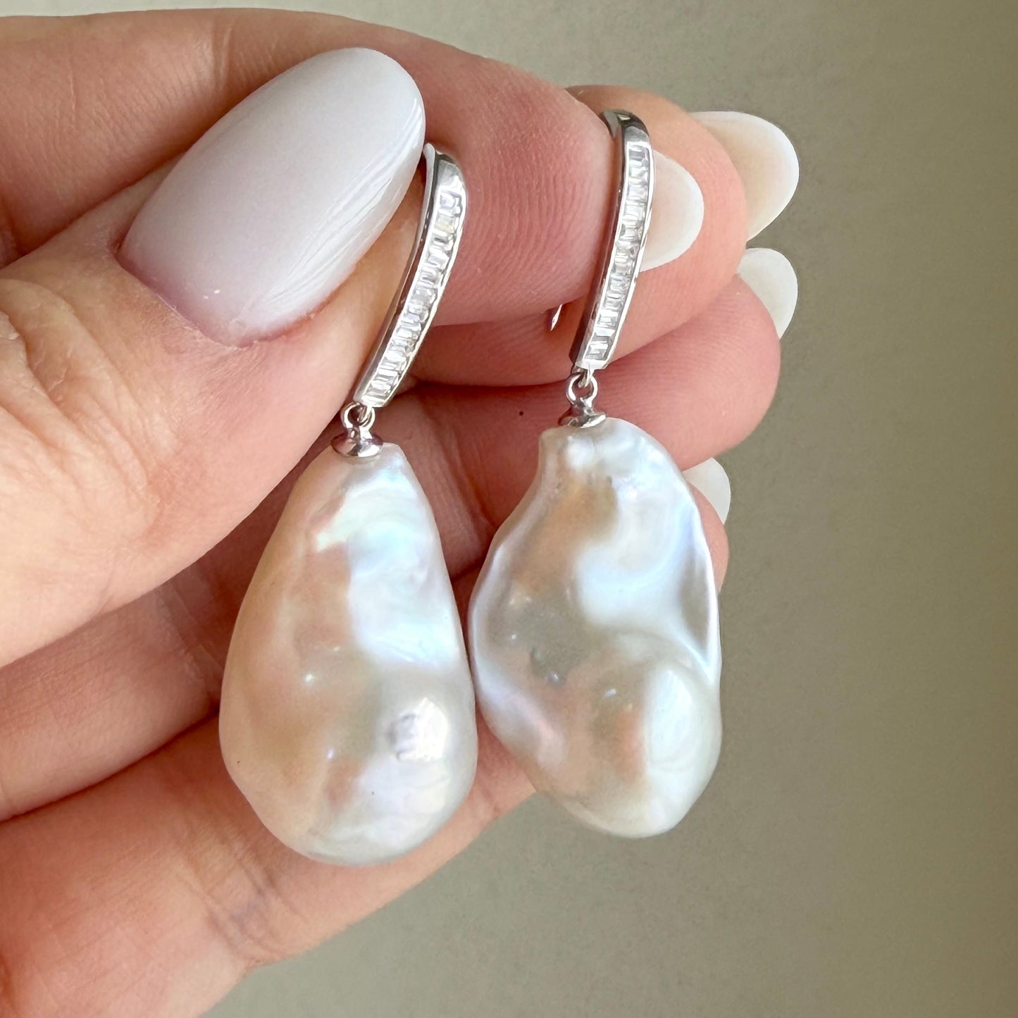 Baroque White Pearl Drop Earrings in Sterling Silver