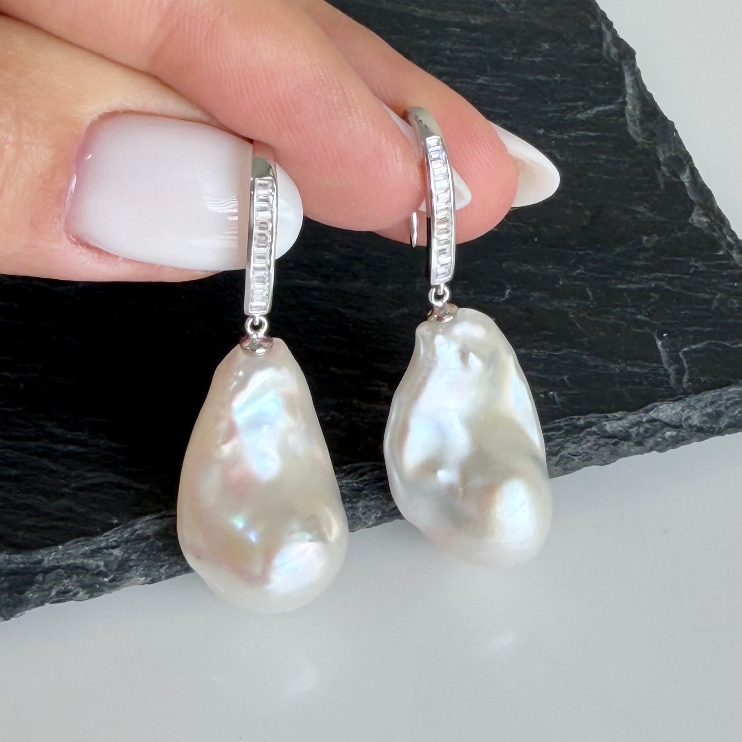 Baroque White Pearl Drop Earrings in Sterling Silver