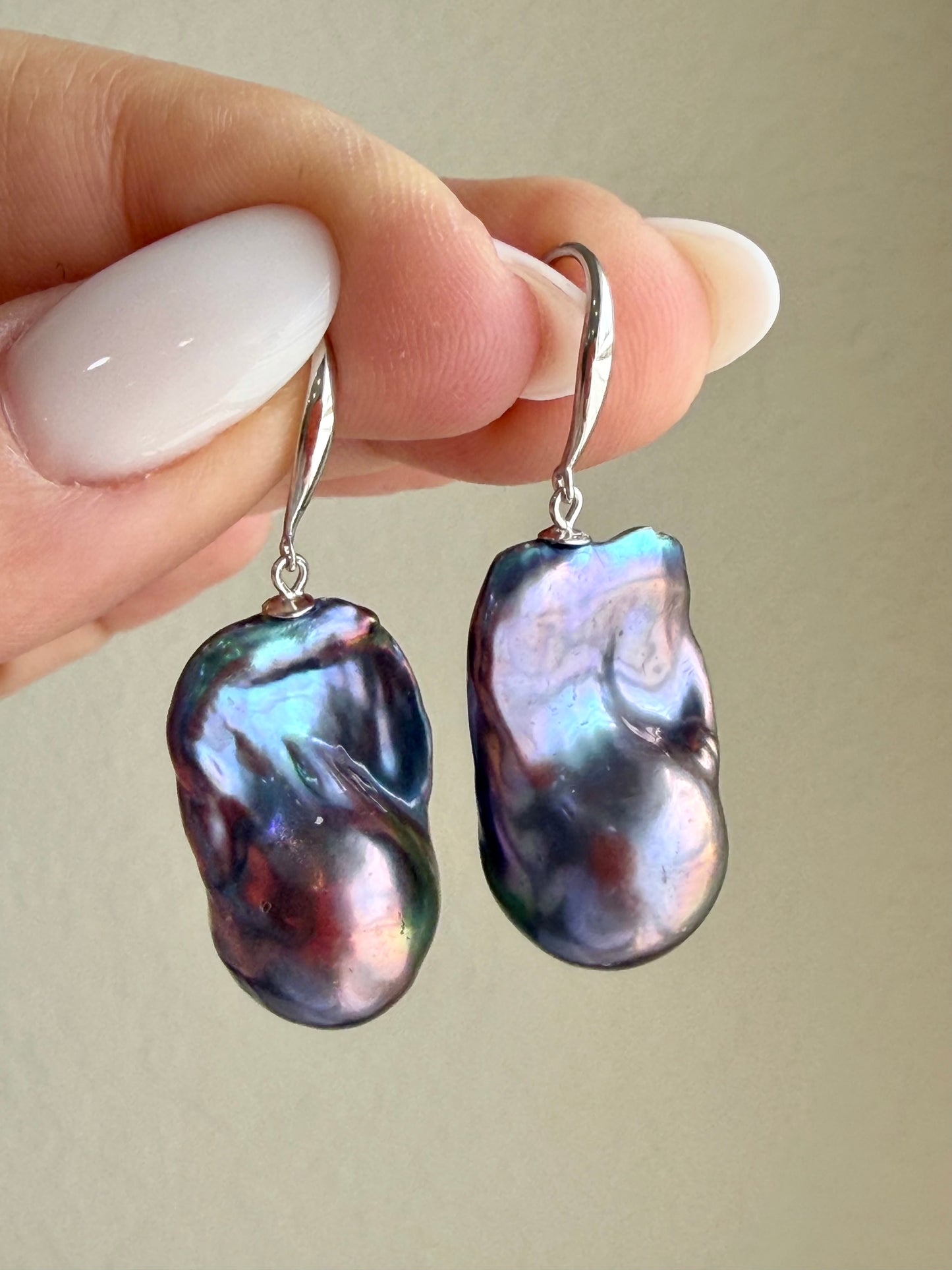 Baroque Peacock Flame ball Pearl Drop Earrings in Sterling Silver