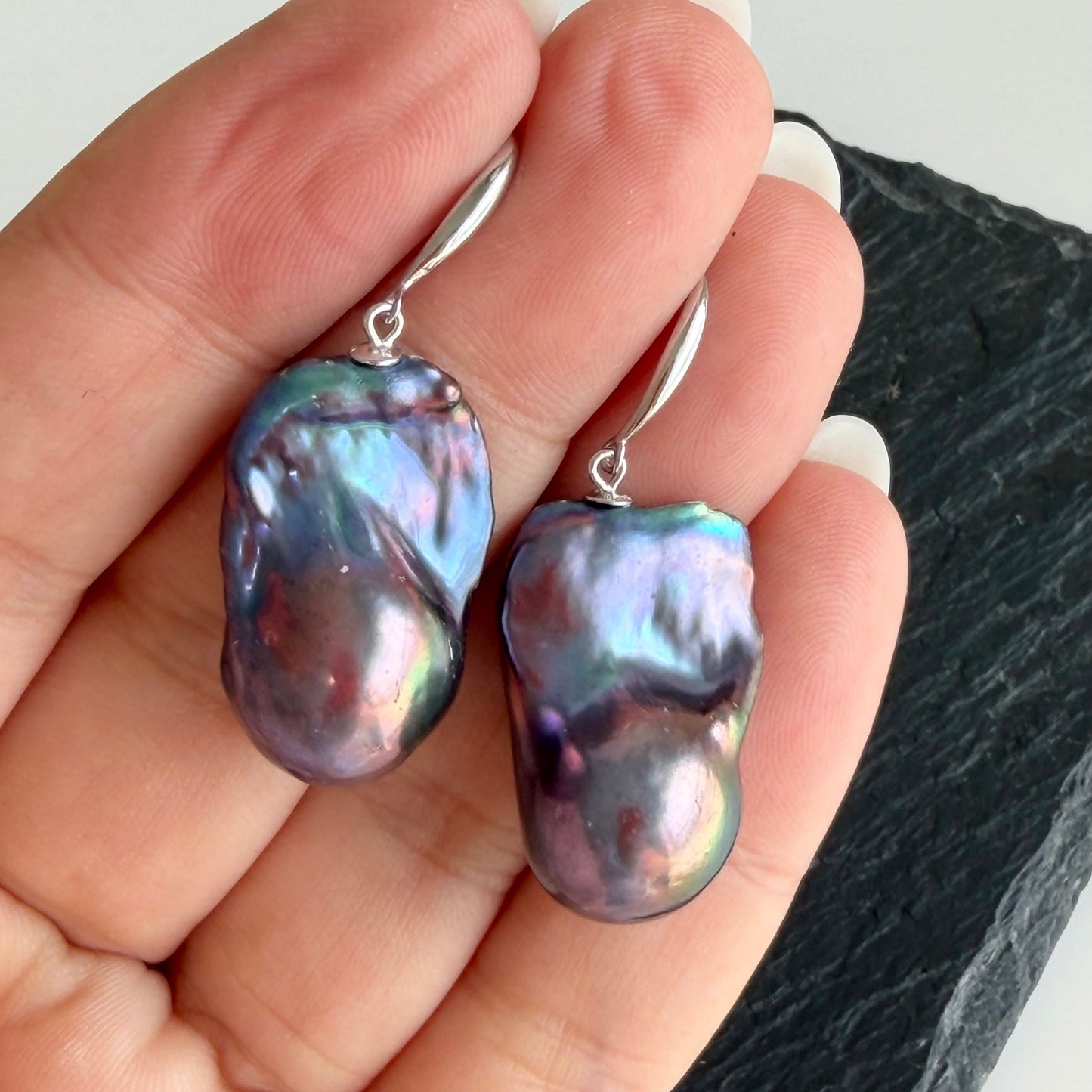 Baroque Peacock Flame ball Pearl Drop Earrings in Sterling Silver
