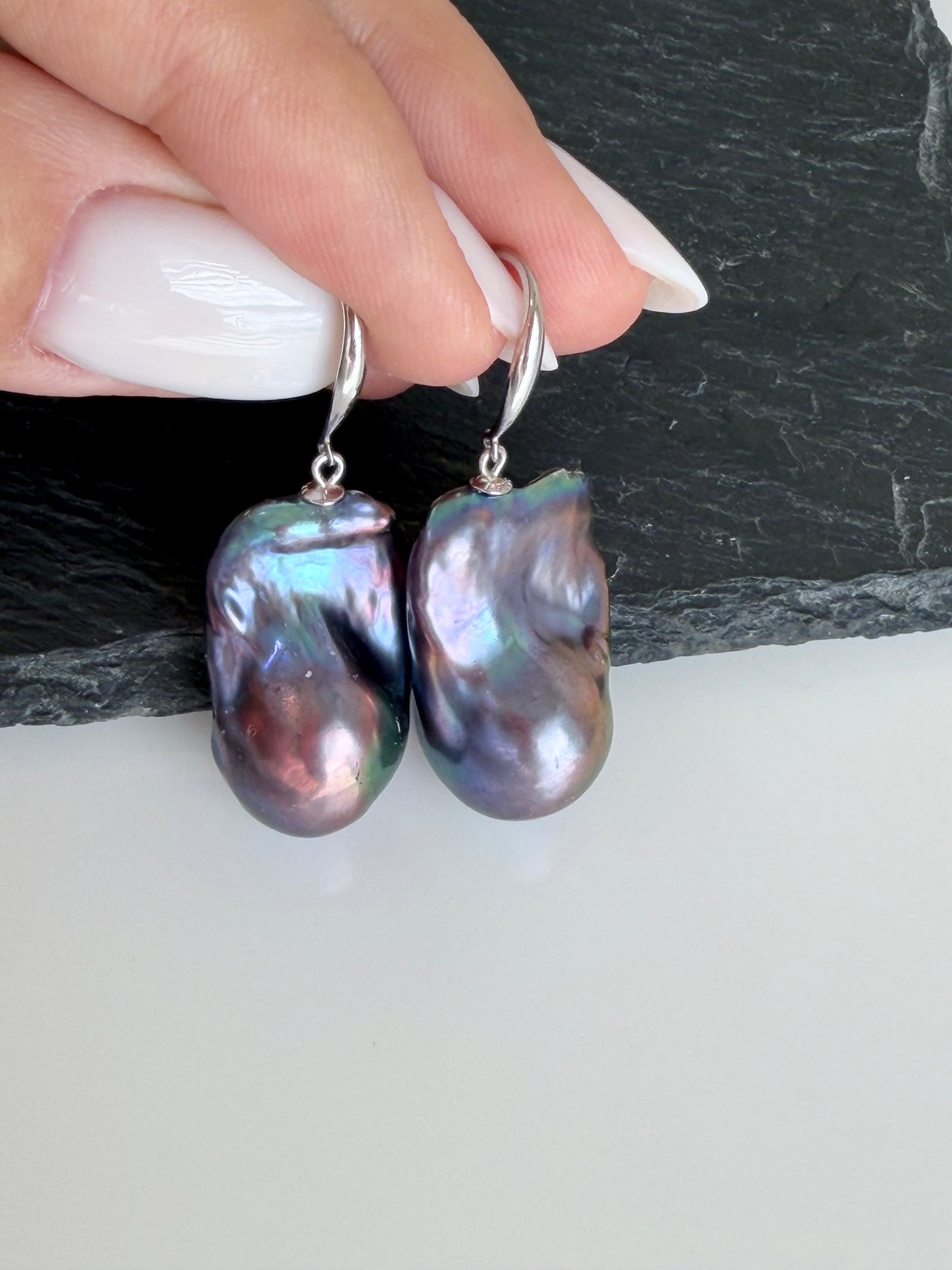 Baroque Peacock Flame ball Pearl Drop Earrings in Sterling Silver