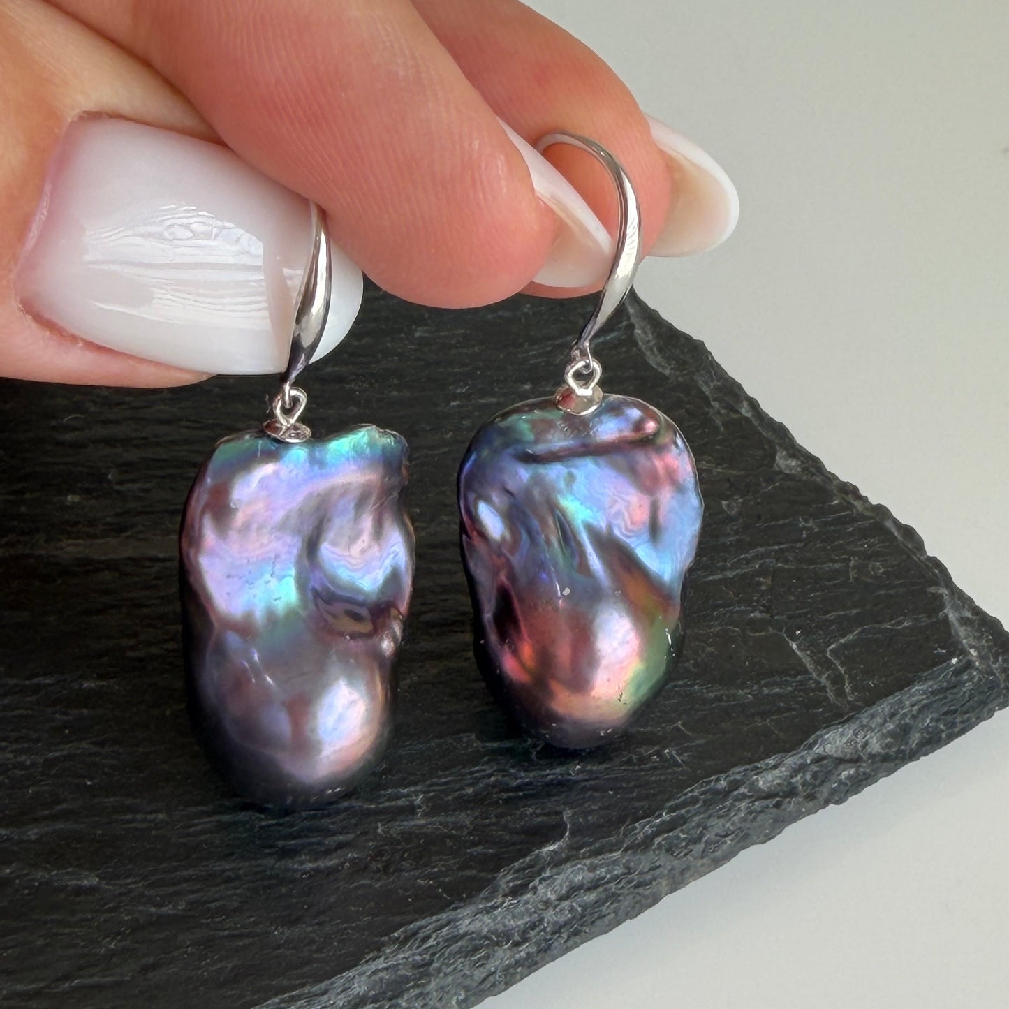 Baroque Peacock Flame ball Pearl Drop Earrings in Sterling Silver