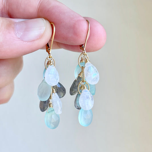Moonstone, Labradorite and Chalcedony Cluster Earrings