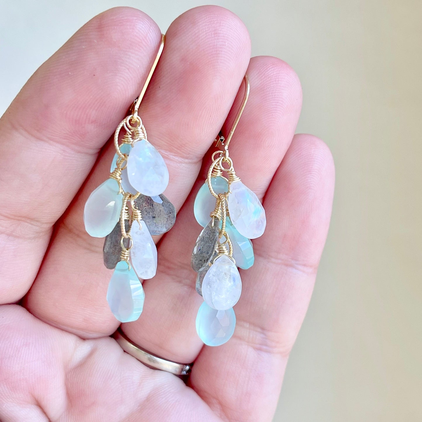 Moonstone, Labradorite and Chalcedony Cluster Earrings